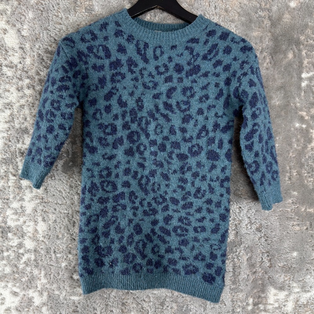 John Lewis Size 6 Cheetah Print Stretch Casual Sweater Teal Long Sleeve Pullover